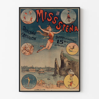 Cirkusaffisch vintage Miss Stena, Absalons nedstigning, i en tunn ram på en ljus vägg.