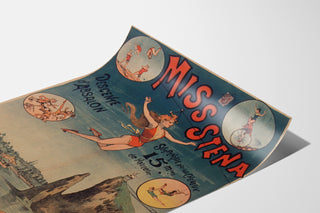 Cirkusaffisch vintage Miss Stena, Absalons nedstigning, presenterad på en böjd yta i perspektiv.