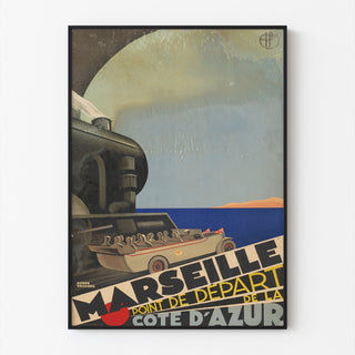 Vintageaffisch Marseille – Côte d’Azur – Roger Broders, i tunn ram på en ljus vägg.