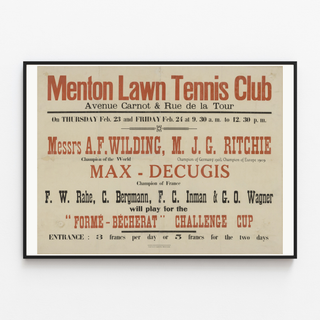 Affisch Menton Lawn Tennis Club, uppsatt i en tunn ram på en ljus vägg.
