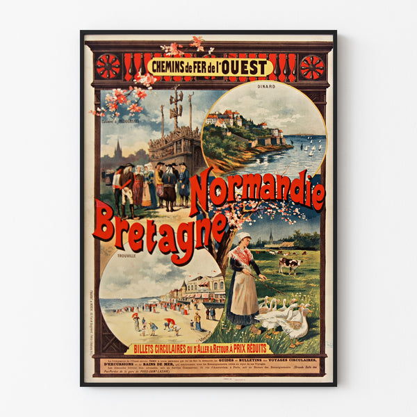 Vintage Normandie-affisch – Normandie och Bretagne — Chemins de Fer de l’Ouest, upphängd i tunn ram på ljus vägg.