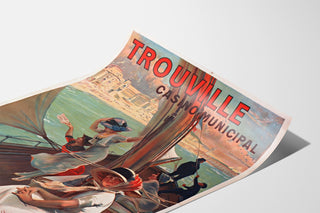 Vintageaffisch Normandie – Trouville, municipalcasino, visad på lätt böjd pappersyta i perspektiv.