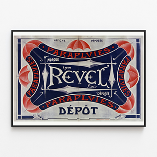 Paraplyaffisch Revel — Varumärke, Lyon, Paris, i tunn ram på ljus vägg.