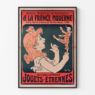 Vintage reklamaffisch À la France moderne, Lyon, visad i en tunn ram på en ljus vägg.