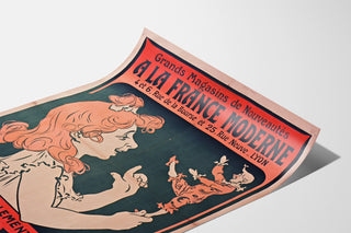 Vintage reklamaffisch À la France moderne, Lyon, visad på ett lätt böjt papper, perspektivvy.