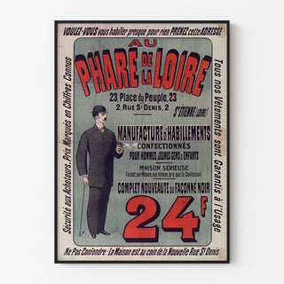 Vintage reklamaffisch Au Phare de la Loire, kläder, i tunn ram på ljus vägg.