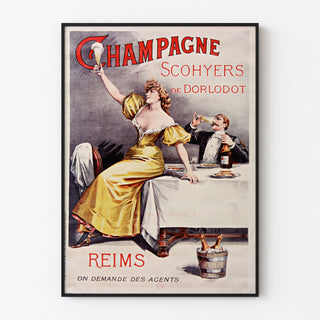 Vintage reklamaffisch Champagne Scohyers de Dorlodot, presenterad i en tunn ram på en ljus vägg.