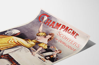 Vintageannons Champagne Scohyers de Dorlodot, uppvisad på ett böjt blad, perspektivvy.