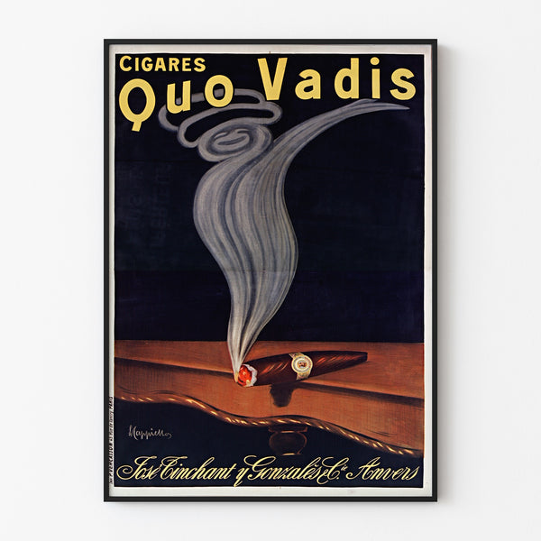 Vintage reklamaffisch Cigares Quo Vadis, i tunn ram på en ljus vägg.