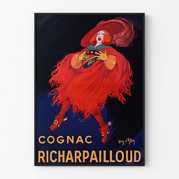 Vintage reklamaffisch Cognac Richarpailloud, uppsatt i en tunn ram på en ljus vägg.