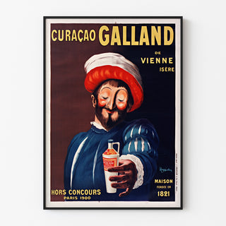 Vintage reklamaffisch Curaçao Galland, i tunn ram på en ljus vägg.