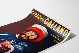 Vintage reklamaffisch Curaçao Galland, visad på ett böjt ark i perspektiv.