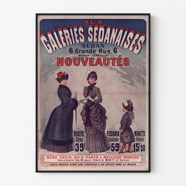 Vintage reklamaffisch Galeries sedanaises, Nouveautés, uppsatt i en tunn ram på en ljus vägg.