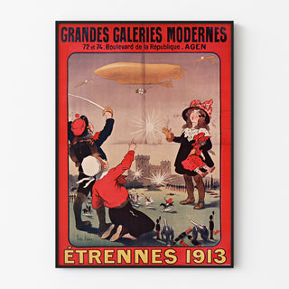 Vintage reklamaffisch Grandes Galeries modernes, Agen, i tunn ram på ljus vägg.