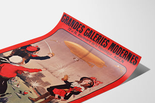 Vintage reklamaffisch Grandes Galeries modernes, Agen, visad på en lätt böjd pappersyta, perspektivvy.