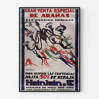 Vintage reklamaffisch Heinlein, taklampor, i en tunn ram på en ljus vägg.