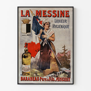 Vintage reklamaffisch La Messine, likör, upphängd i tunn ram på ljus vägg.