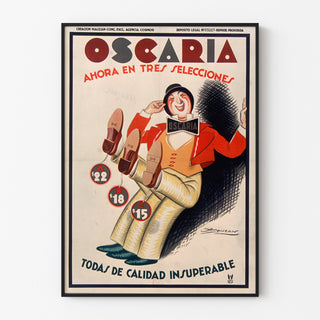 Vintage reklamaffisch Oscaria, skor, presenterad i en tunn ram på en ljus vägg.