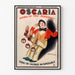 Vintage reklamaffisch Oscaria, skor, presenterad i en tunn ram på en ljus vägg.