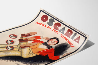 Vintage reklamaffisch Oscaria, skor, presenterad på ett böjt papper, sedd i perspektiv.