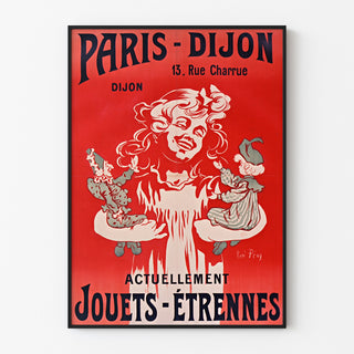 Vintage reklamaffisch Paris–Dijon, leksaker och gåvor, upphängd i tunn ram på ljus vägg.