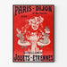 Vintage reklamaffisch Paris–Dijon, leksaker och gåvor, upphängd i tunn ram på ljus vägg.