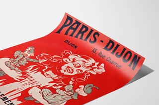 Vintage reklamaffisch Paris–Dijon, leksaker och gåvor, visad på böjd pappersyta i perspektiv.