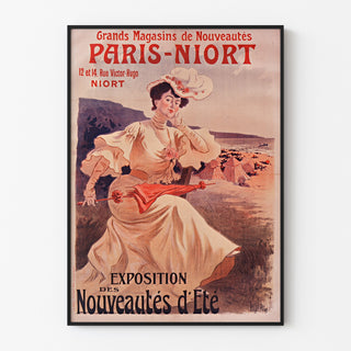 Reklamaffisch vintage Paris–Niort, sommarnyheter, visad i en tunn ram på en ljus vägg.