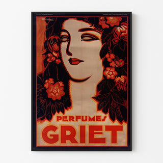 Vintage reklamaffisch Perfumes Griet, presenterad i en tunn ram på en ljus vägg.