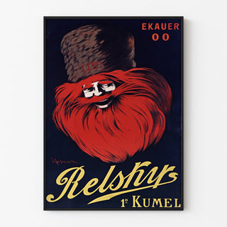 Vintage reklamaffisch Relskyr - 1° Kumel, i tunn ram på en ljus vägg.