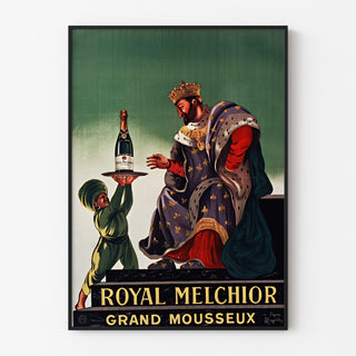 Vintage reklamaffisch Royal Melchior, grand mousseux, i tunn ram på en ljus vägg.