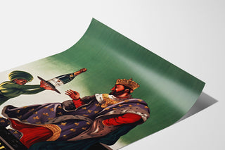 Vintage reklamaffisch Royal Melchior, grand mousseux, visad på ett böjt ark i perspektiv.