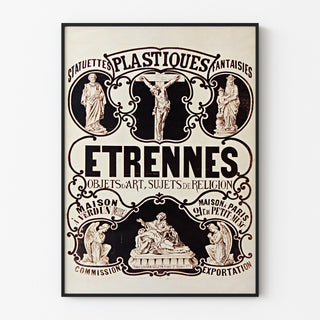 Vintage reklamaffisch Verdun, statyetter och gåvor, i en tunn ram på en ljus vägg.