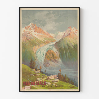 Gammal skolaffisch – Mer de Glace – Hugo d’Alési, visad i en tunn ram på en ljus vägg.