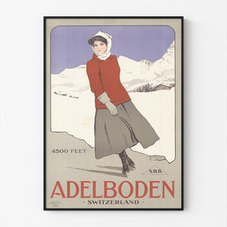 Schweizisk vintageaffisch – Adelboden – Carlo Pellegrini, 1905, i tunn ram på en ljus vägg.