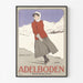 Schweizisk vintageaffisch – Adelboden – Carlo Pellegrini, 1905, i tunn ram på en ljus vägg.