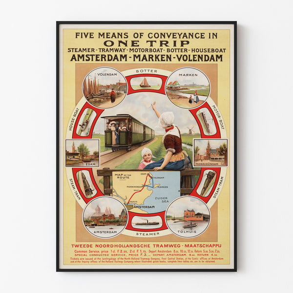 Vintage turistaffisch – Amsterdam, Marken och Volendam, i tunn ram på en ljus vägg.