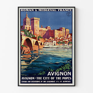 Vintage turistaffisch – Avignon, romansk och medeltida Frankrike, i tunn ram på en ljus vägg.