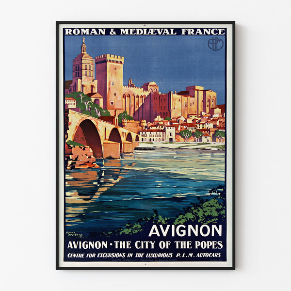 Vintage turistaffisch – Avignon, romansk och medeltida Frankrike, i tunn ram på en ljus vägg.