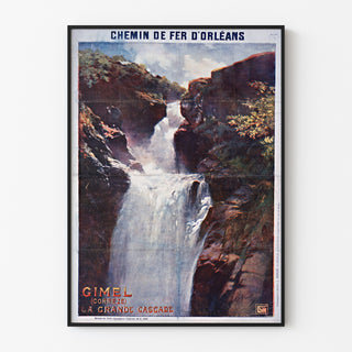 Vintage turistaffisch – Gimel, la Grande Cascade, i tunn ram på ljus vägg.