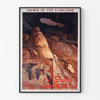 Turistaffisch vintage – Grottes de Lacave, Rocamadour, i tunn ram på ljus vägg.