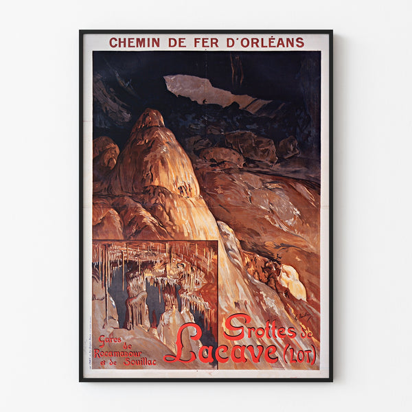 Turistaffisch vintage – Grottes de Lacave, Rocamadour, i tunn ram på ljus vägg.