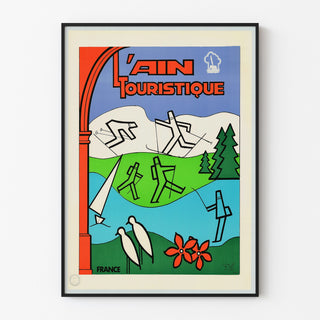 Vintage turistaffisch – L’Ain touristique, i tunn ram på ljus vägg.