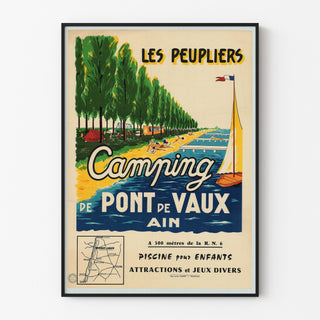 Vintage turistaffisch – Les Peupliers, camping i Pont‑de‑Vaux, i tunn ram på ljus vägg.