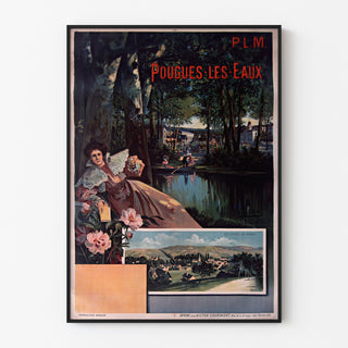 Vintage turistaffisch – Pougues-les-Eaux, PLM, visad i en tunn ram på en ljus vägg.