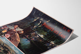 Vintage turistaffisch – Pougues-les-Eaux, PLM, visad på ett böjt papper, perspektivvy.