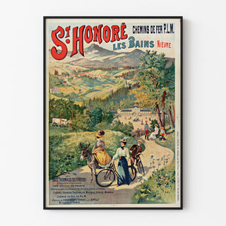 Vintage turistaffisch – Saint-Honoré-les-Bains, termalvatten, i en tunn ram på en ljus vägg.
