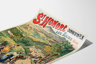 Vintage turistaffisch – Saint-Honoré-les-Bains, termalvatten, visad på ett böjt papper, perspektivvy.