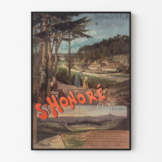 Vintage turistaffisch – Saint-Honoré-les-Bains, PLM, i en tunn ram på en ljus vägg.