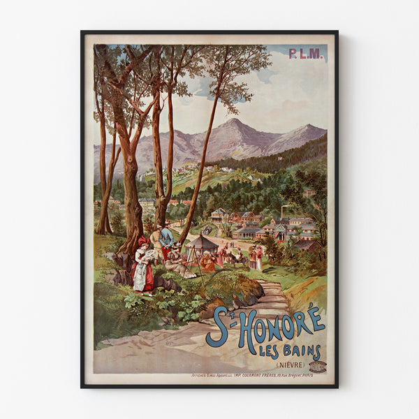 Vintage turistaffisch – Saint-Honoré-les-Bains, Tanconville, i en tunn ram på en ljus vägg.